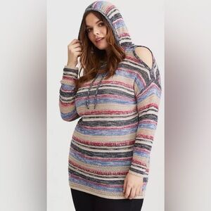 Torrid Cold Shoulder Open Knit Striped Sweater Tunic Length Hoodie Women’s 1X